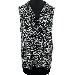 PURE NAVY Black & White Animal Print V-Neck Button-Down Sleeveless Top Blouse M